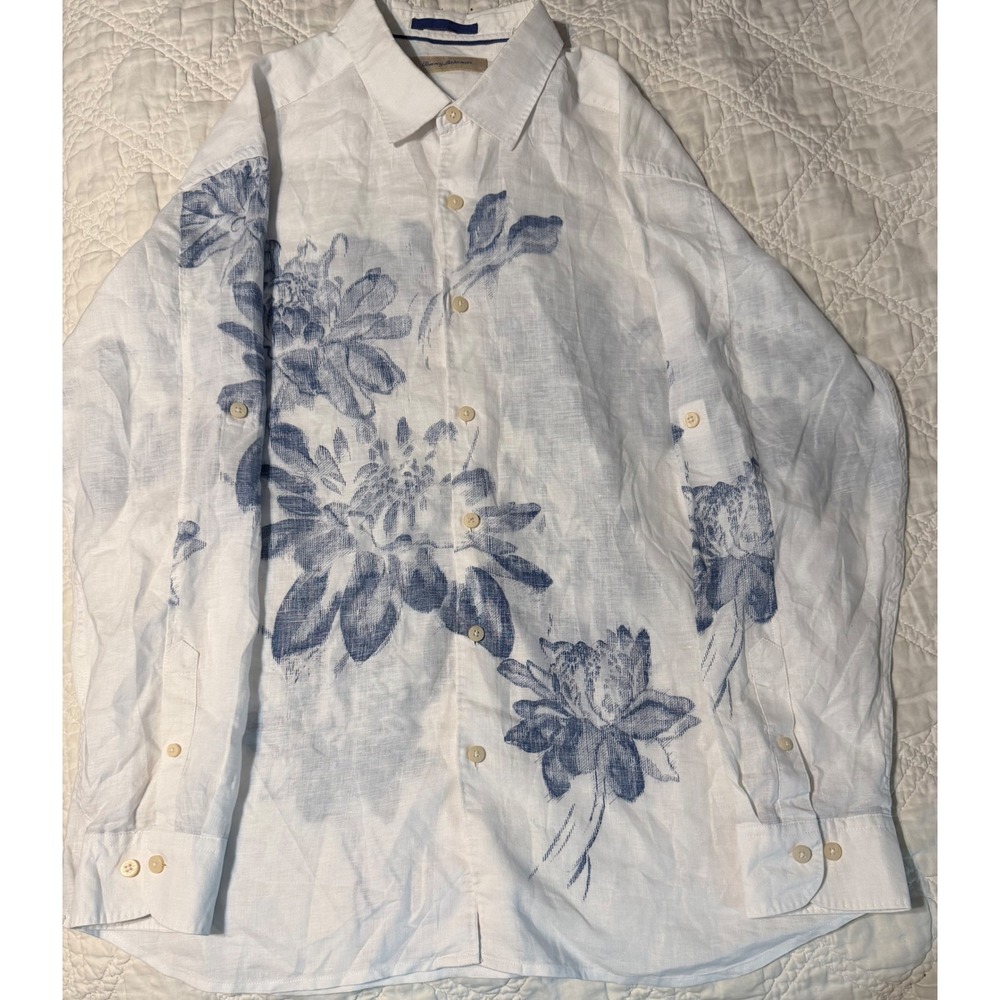Tommy Bahama Mens XL White Blue Floral 100% Linen Long Sleeve Button Down Shirt